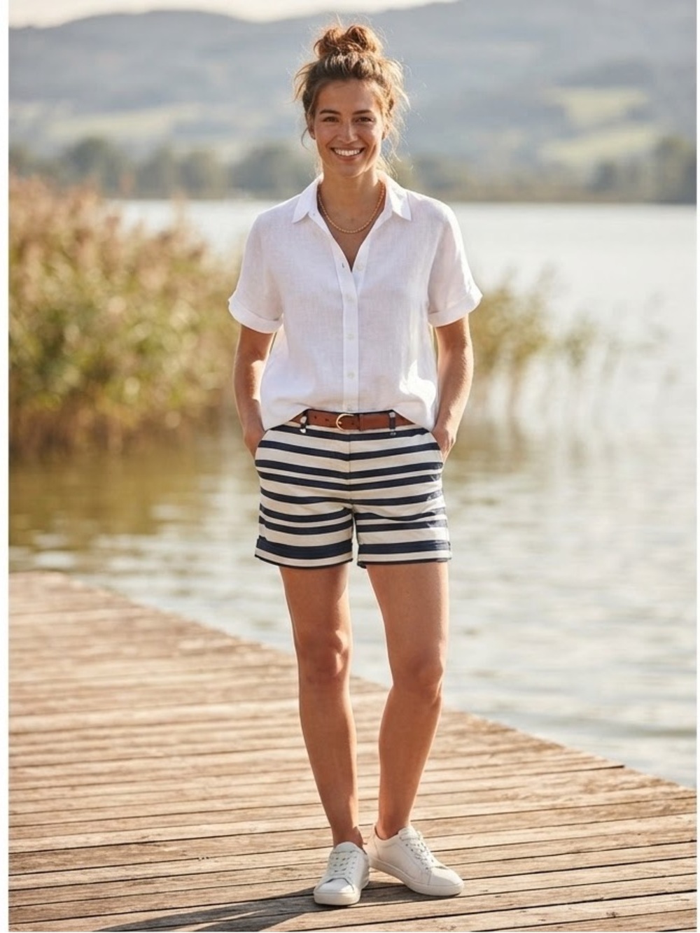 Nautica blue & white cotton blend flat front shorts size 6.